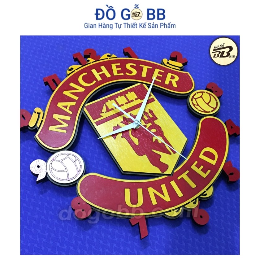 Đồng Hồ MU Bóng Đá Logo Clb Manchester United Treo Tường Gỗ Bền Rẻ Đẹp Bản Sơn Màu Đỏ Vàng - Đồ Gỗ BB