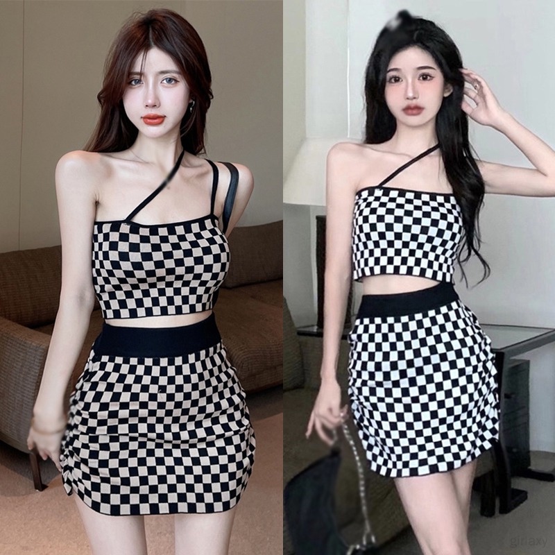 Set Áo Croptop 2 Dây + Chân Váy Dệt Kim Lưng Cao Phong Cách Hàn Quốc Thời Trang Cho Nữ