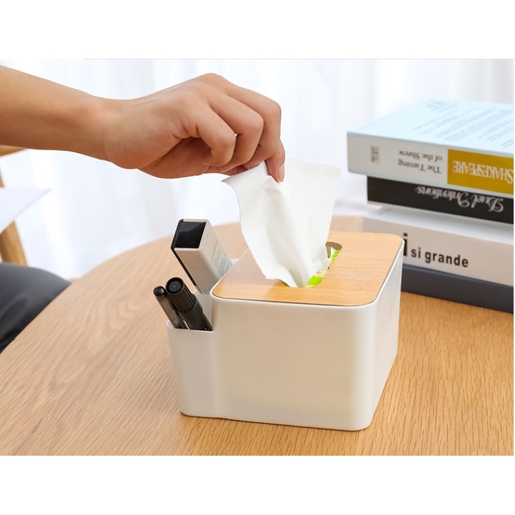 Hộp Đựng Giấy Ăn Để Bàn Có Ngăn Để Đồ Đa Năng, Chất Liệu Nhựa PP Cao Cấp Kèm Nắp Gỗ