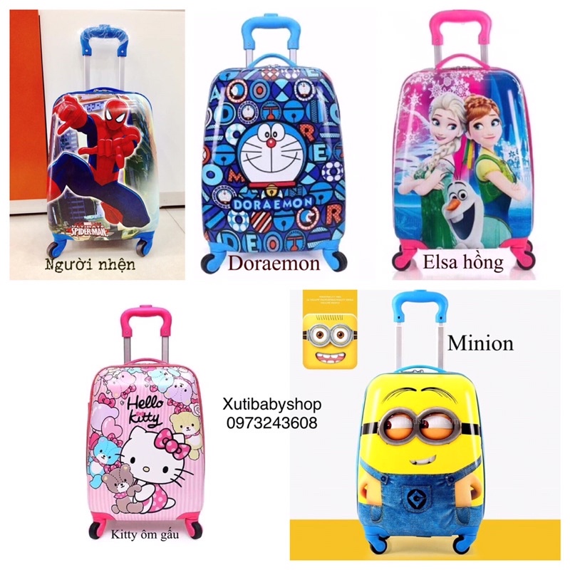 Vali cho bé các nẫu mới 2021, size 18 inch in hình kitty, công chúa, người máy, siêu nhân, doraemon, elsa
