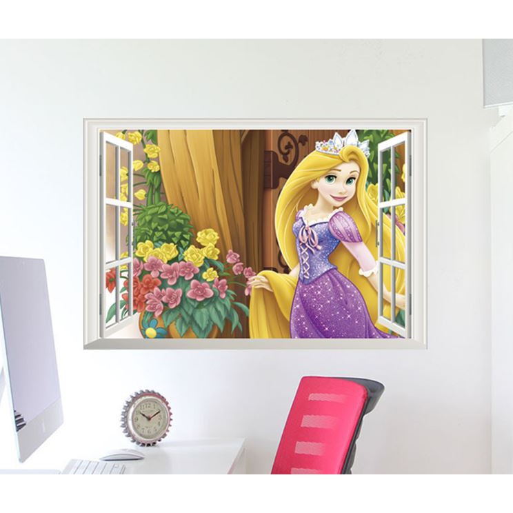 Giấy decal dán tường cửa sổ công chúa tóc mây vườn hoa