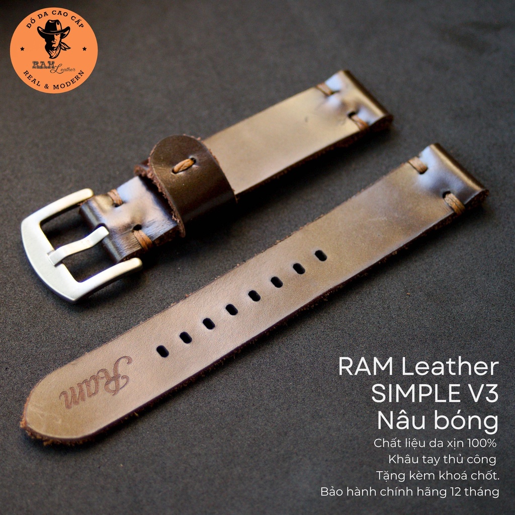 Dây đồng hồ da bò màu nâu bóng - RAM Leather V3 Bền Đẹp