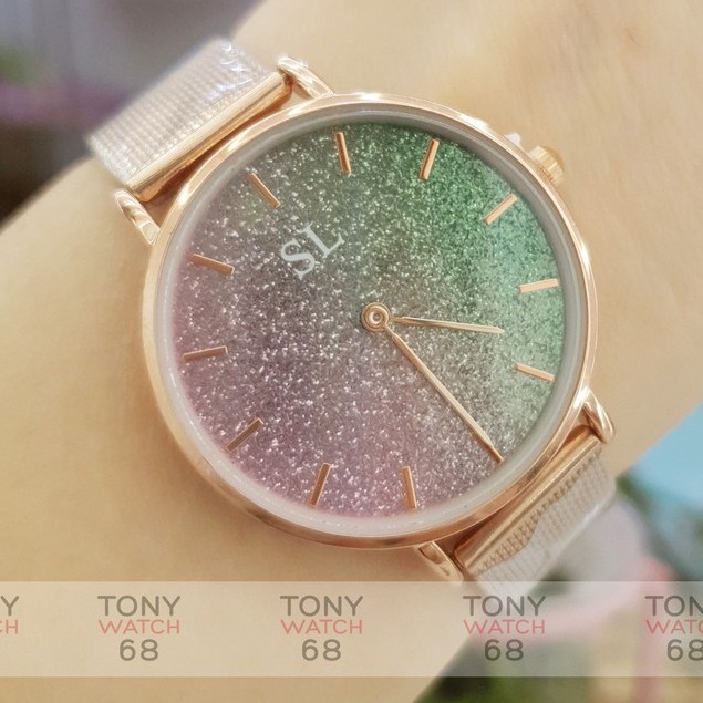 Đồng hồ nữ SL dây kim loại vàng hồng mặt nhũ 2 màu độc đáo chống nước chính hãng Tony Watch 68