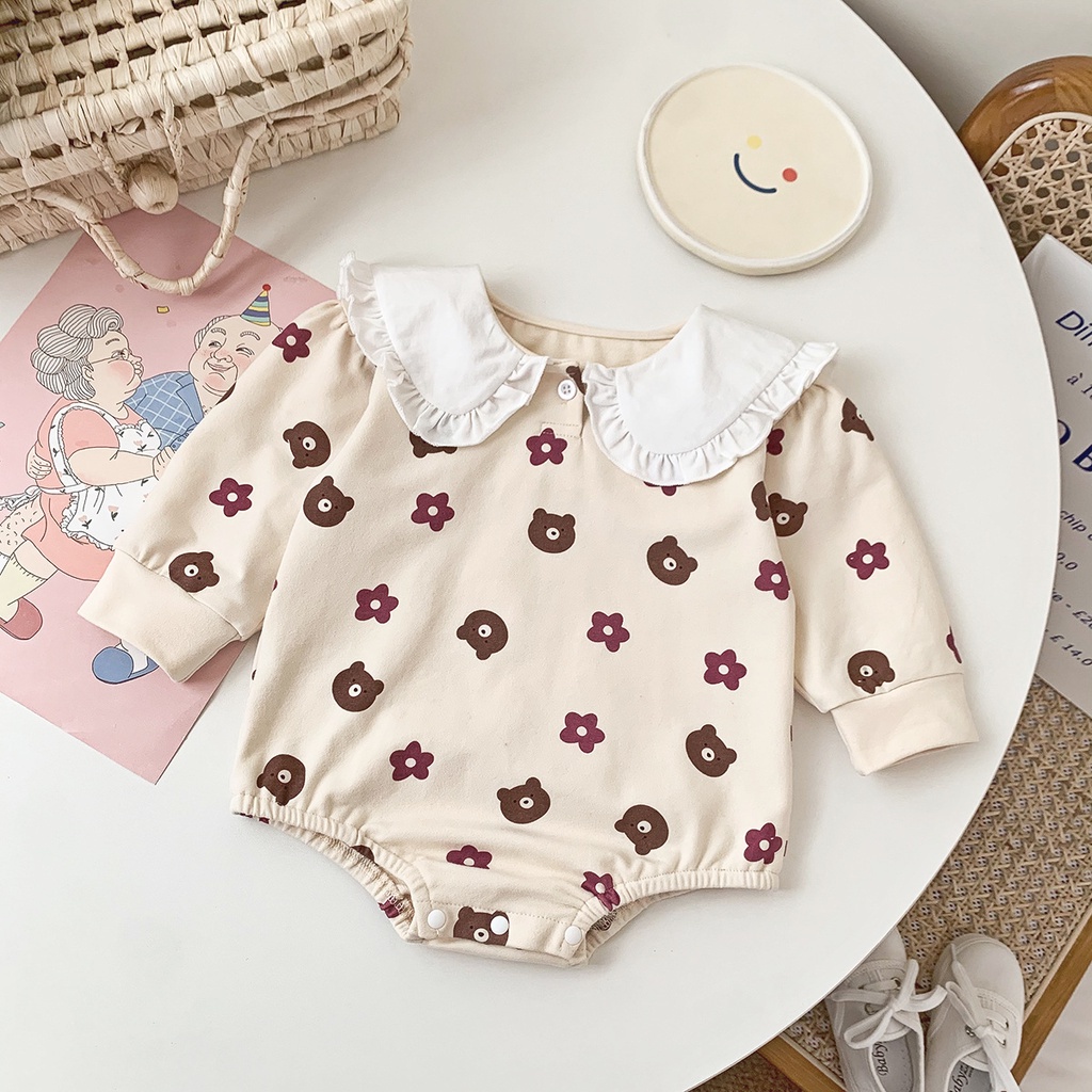 Bộ Áo Liền Quần Tay Dài In Hình Hoa Và Gấu Dễ Thương Cho Bé Gái