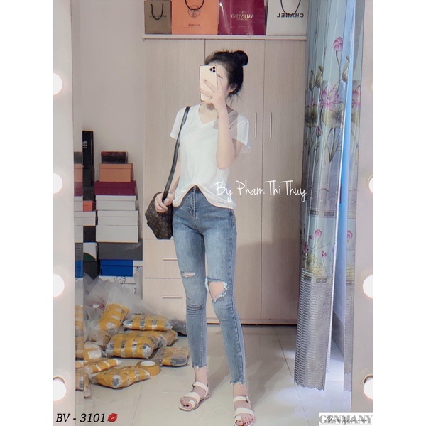 Quần jeans ôm cạp cao rách gối siêu hot