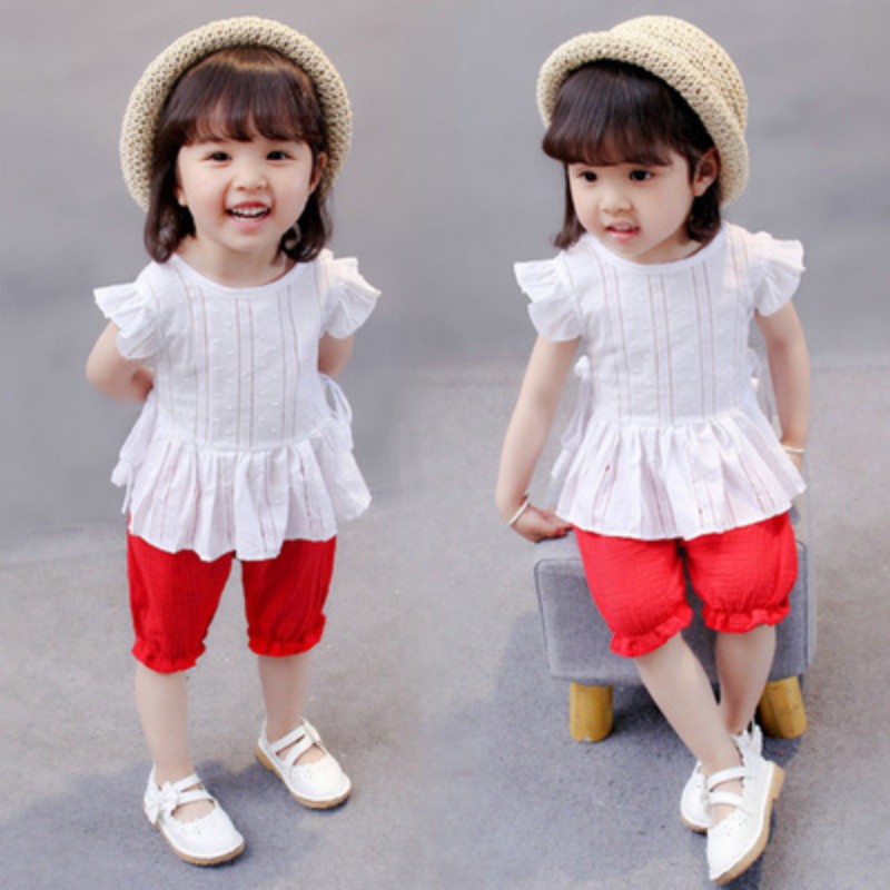Set áo thun tay ngắn cổ tròn + quần đùi xinh xắn dành cho bé gái