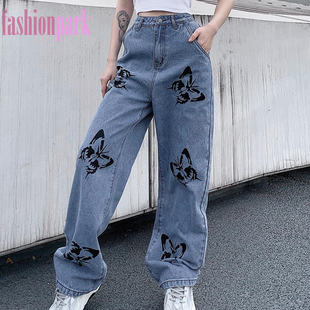 (Fas) Quần Jeans Nữ Ống Rộng Lưng Cao In Hình Bươm Bướm