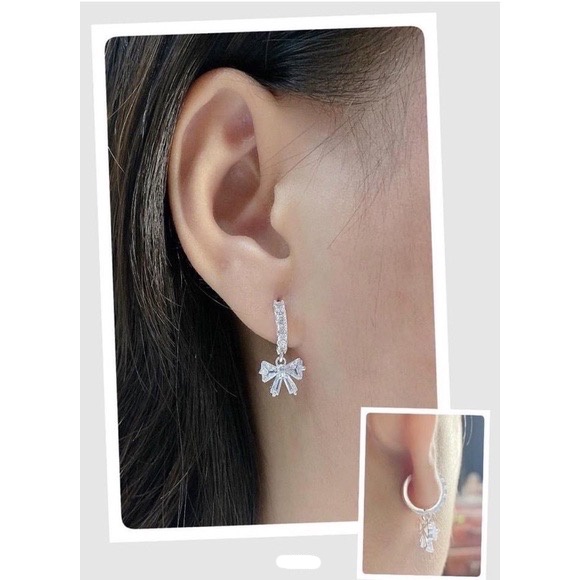 Khuyên Tai Bạc Khoen Tròn Móc Máy Thả Hình Nơ- Trang Sức TNC JEWELLERY