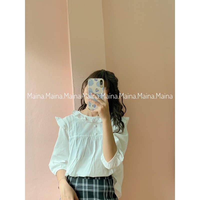 Áo babydoll cúc bọc trắng basic tay bồng(Ảnh thật/sẵn)