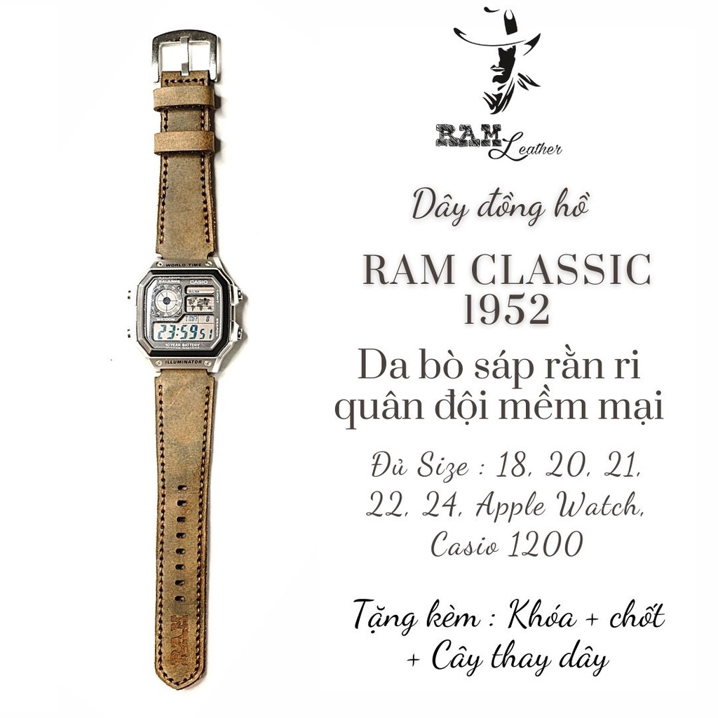 Dây đồng hồ RAM Leather vintage 1952 da bò sáp chiến trận cao cấp