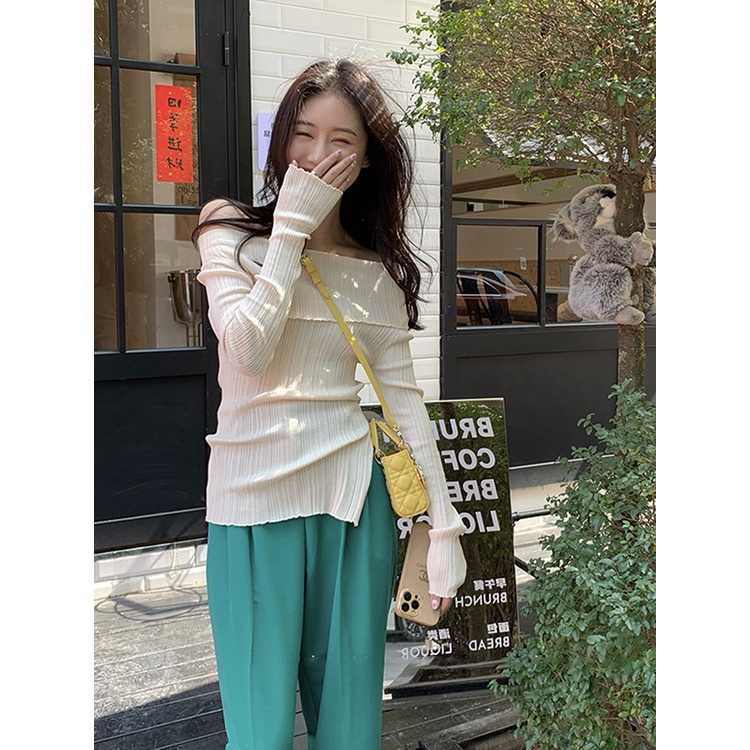 Áo dệt kim ZHELIHANGFEI trễ vai tay dài cổ cao gợi cảm