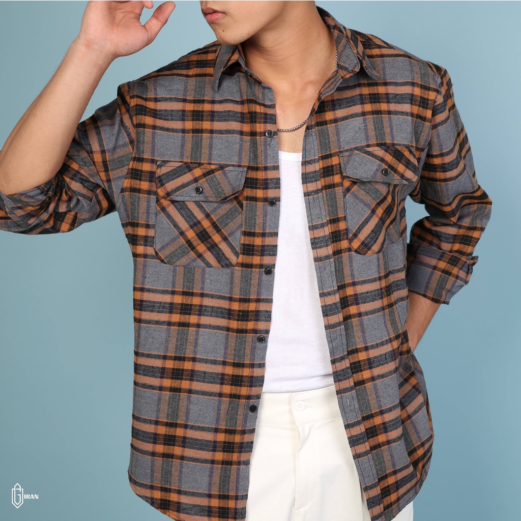 ÁO FLANNEL SƠ MI KARO NAM DÀI TAY THOÁNG MÁT MÀU NÂU | GIRAN