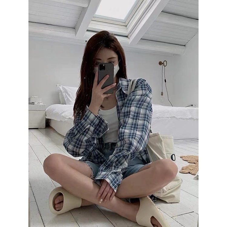 Áo Sơ Mi Caro Tay Dài Dáng Rộng Trẻ Trung Phong Cách Hàn Quốc Cho Bạn Gái