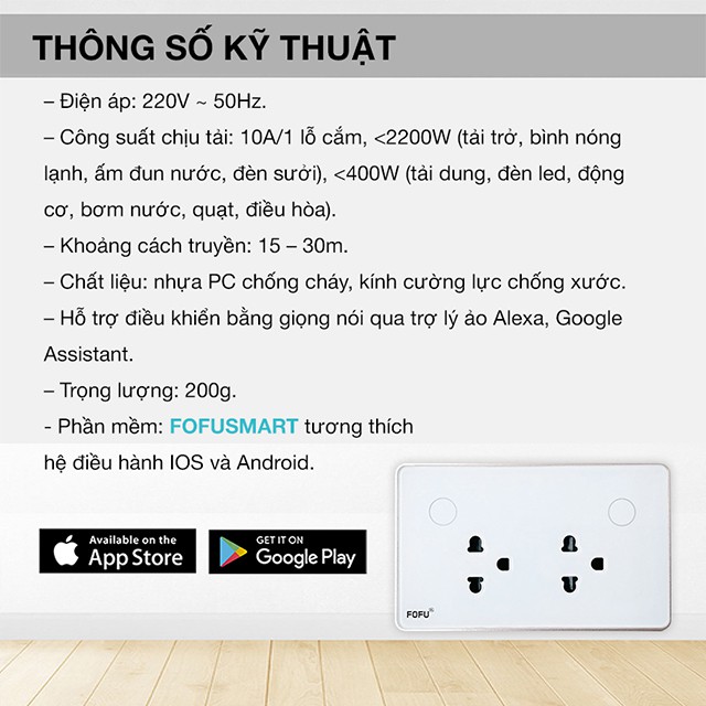 ( Combo 2  ổ) cắm điện âm tường thông minh FOFU bật tắt thiết bị từ xa, lên lịch, hẹn giờ, an toàn có nắp che