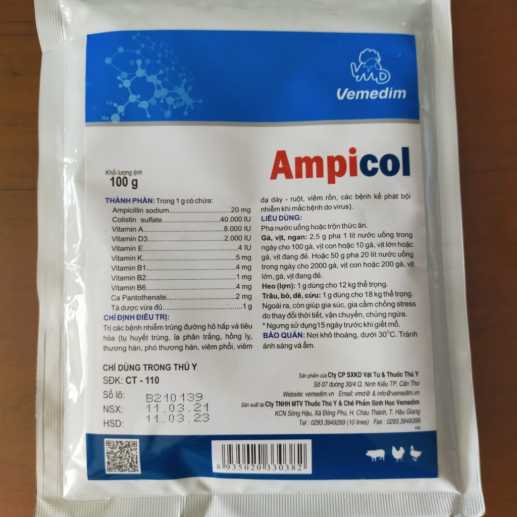 Vemedim Ampicol Dùng cho nhiễm trùng đường hô hấp và tiêu hóa ở gia súc, gia cầm
