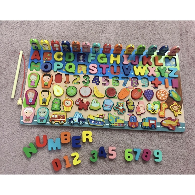 Bộ đồ chơi bảng gỗ 7in1 câu cá kèm số tư duy, chữ cái, trái cây, động vật cho bé