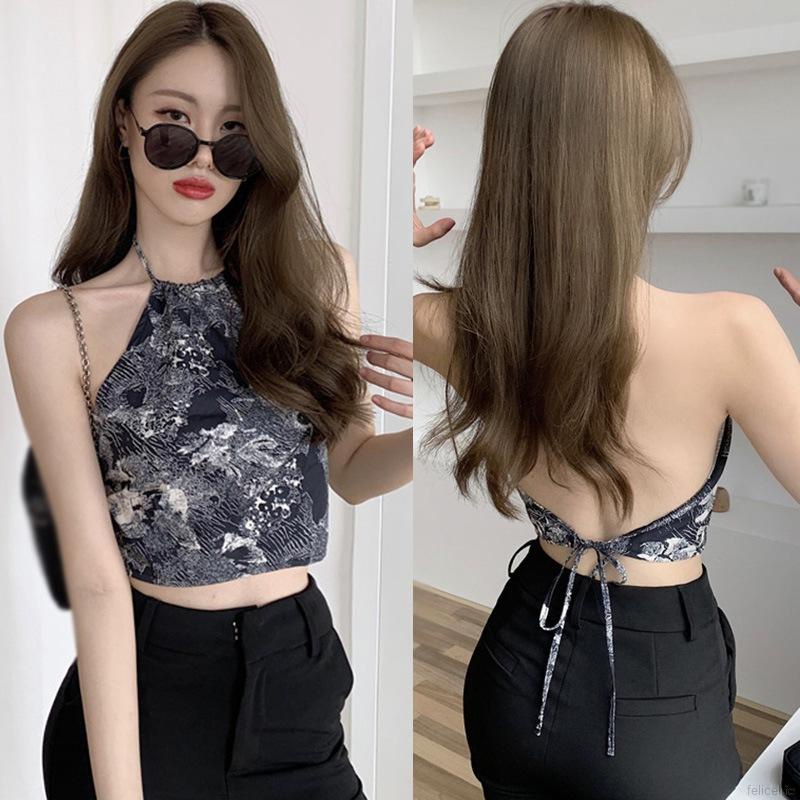 Áo Lửng Hai Dây Họa Tiết Retro Quyến Rũ Cho Nữ