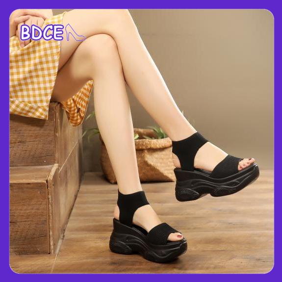 Giày Cao Gót Đi Biển Dệt Kim Co Giãn Thời Trang Mùa Hè