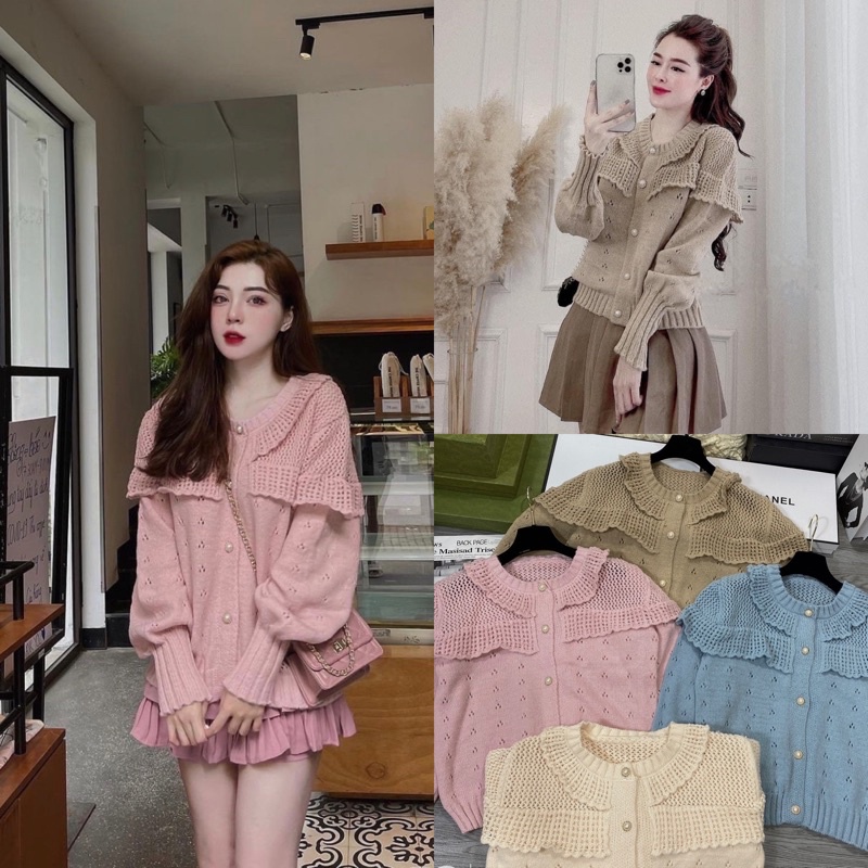 Áo Len Viền Bèo Cúc Ngọc, Áo Len Tay Bồng Sợi Đan Hàng Loại 1