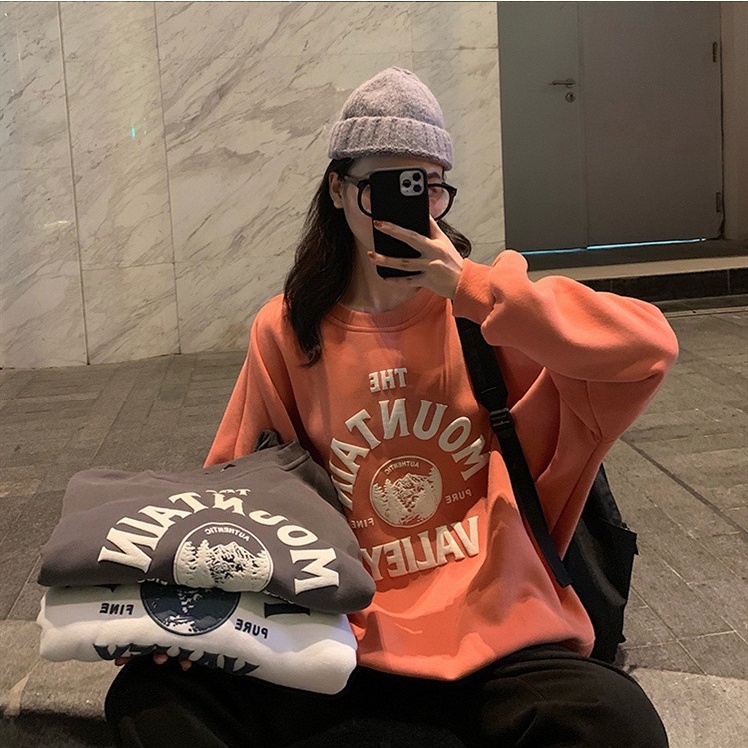 SUXI Áo Nỉ Tay Dài Cổ Tròn In Chữ Phong Cách Hàn Quốc