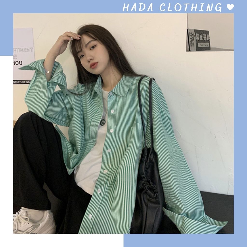 Áo sơ mi nữ form rộng kẻ sọc nhỏ màu xanh Hada, chất vải kate hàng đẹp phối túi ngực, phong cách Hàn Quốc trẻ trung SM03