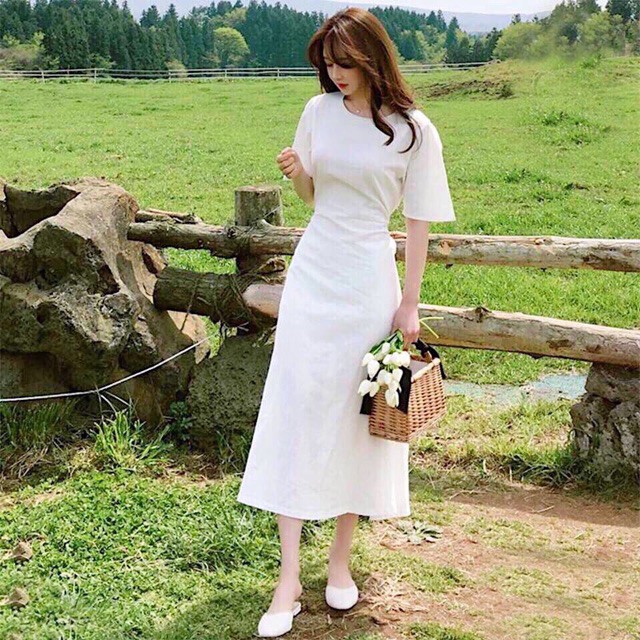Đầm váy freesize trắng xòe thắt nơ sau
