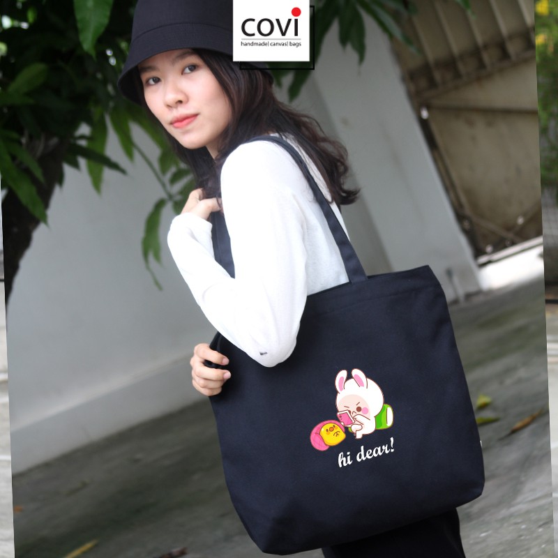 Túi Tote Vải Canvas Chữ Nhật Ngang In Hình Thời Trang COVI Màu Đen Và Mộc T40
