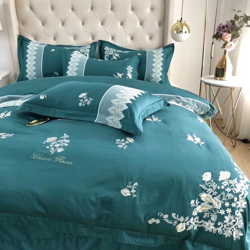 Bộ 4 món vỏ chăn ga gối Lụa Satin cao cấp xanh phối ren