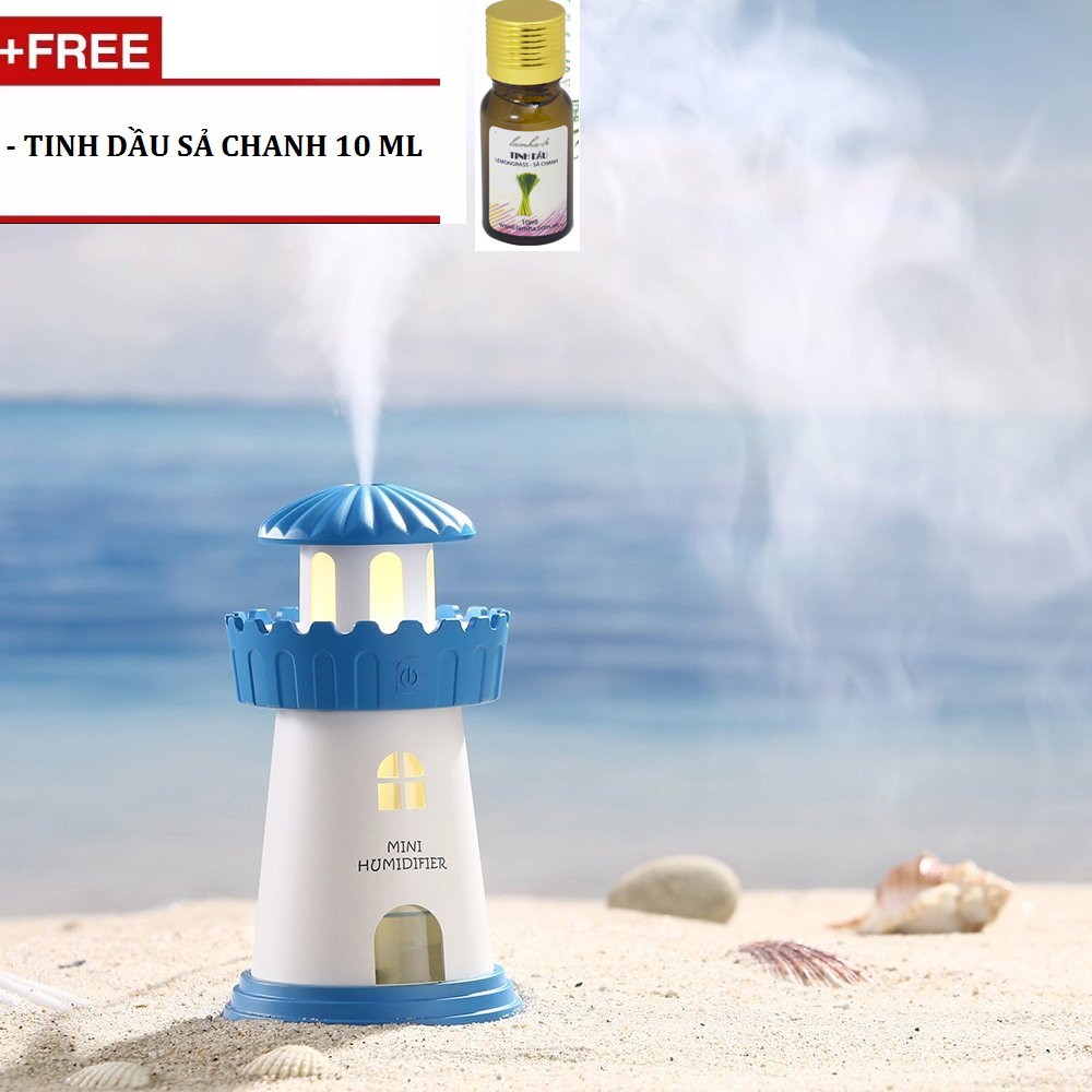 Máy xông tinh dầu phun sương Lighthouse Humidifier tặng kèm tinh dầu sả chanh - màu xanh da trời