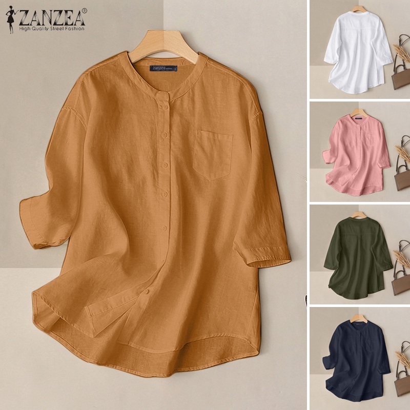 Áo kiểu ZANZEA cổ đứng dáng rộng màu trơn phong cách retro dành cho nữ