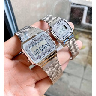 Đồng Hồ Cặp Đôi Casio Vintage Điện Tử A700WM-7ADF & LA670WEM-7DF Dây Lưới Thép Silver
