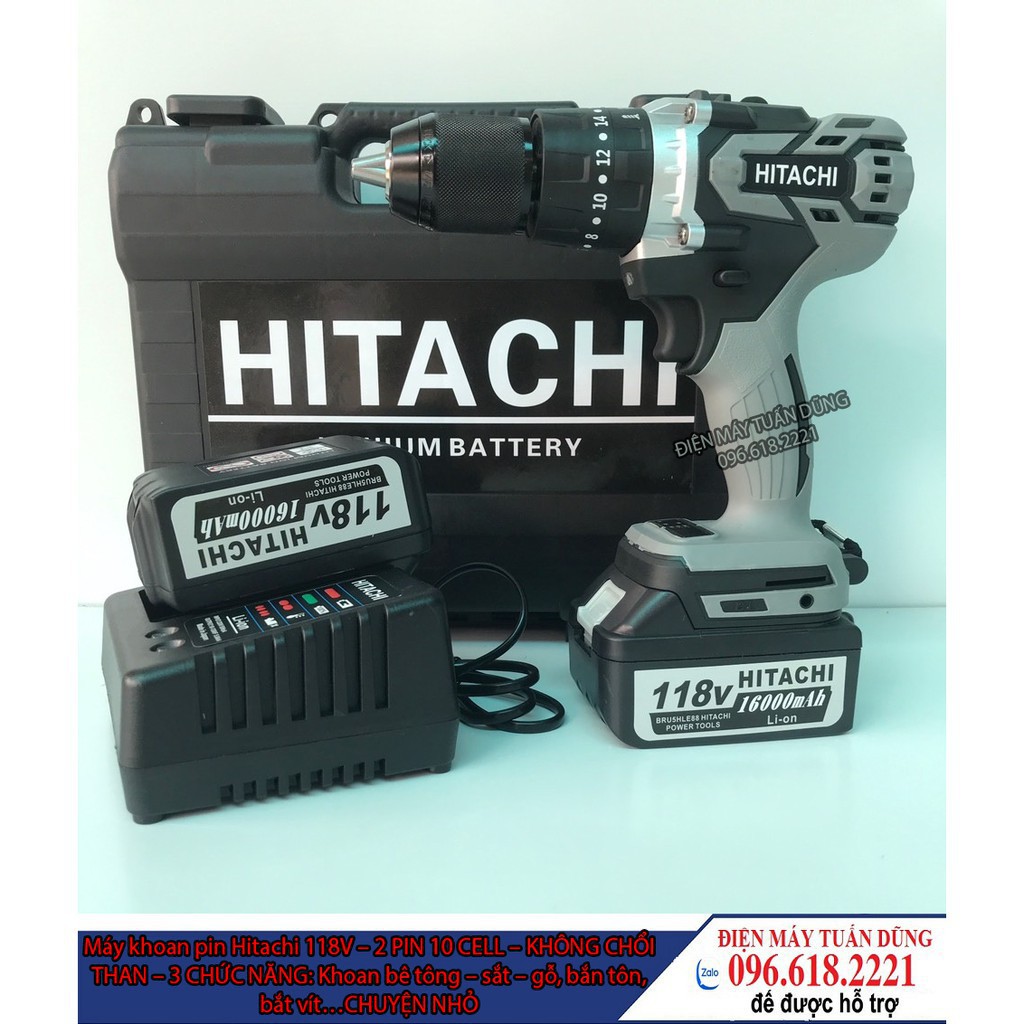 [GIÁ GỐC] Máy Khoan Pin HITACHI 118V, 2 PIN, KHÔNG CHỔI THAN, Tặng Kèm Bộ PHỤ KIỆN Như Hình [CAM KẾT CHÍNH HÃNG]