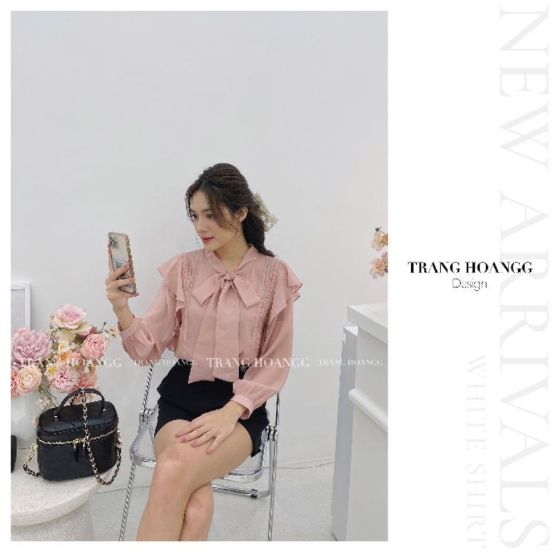 ÁO SƠ MI HỒNG XẾP LY CỔ NƠ BÈO CHO NỮ