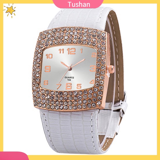 Đồng hồ mặt vuông đính đá phối dây đeo giả da cho nữ