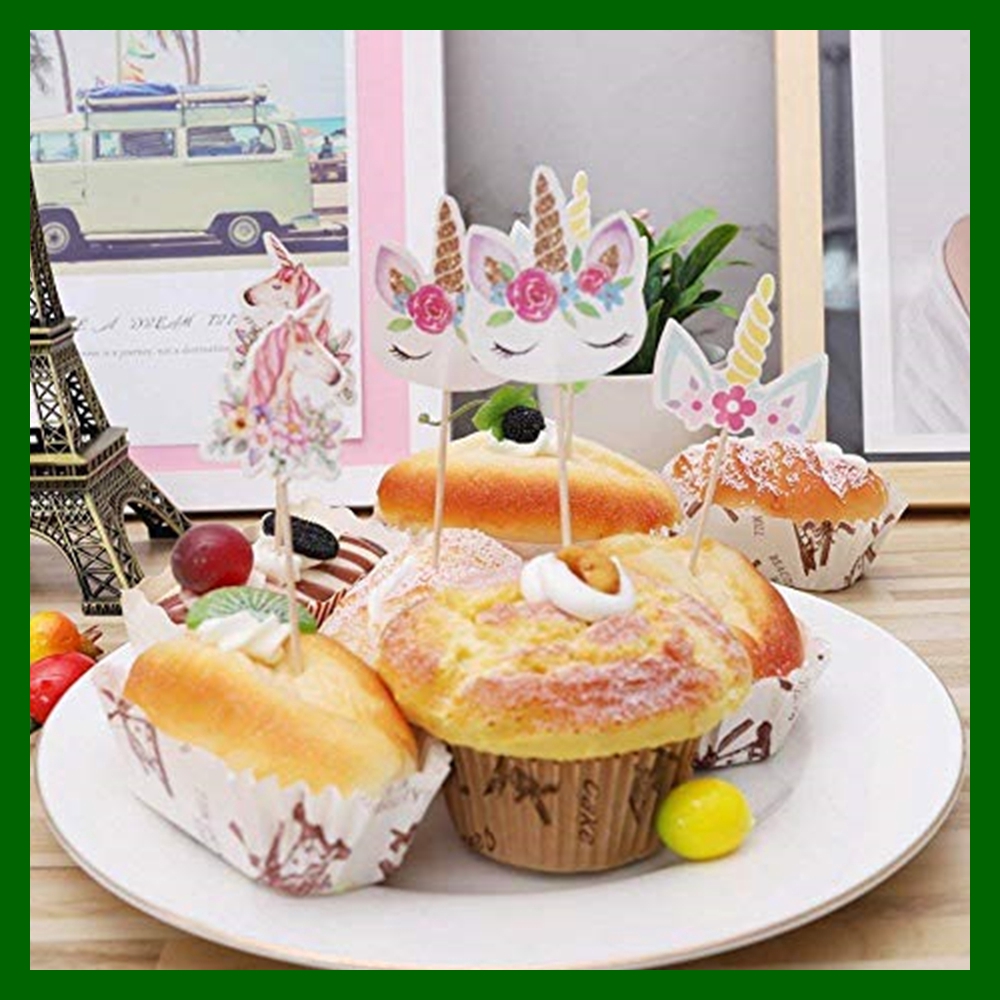 Set 48 que cắm in hình kỳ lân và cầu vồng dùng trang trí bánh cupcake