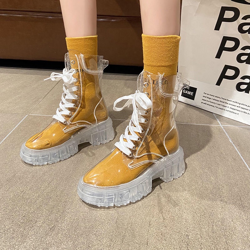 Martin trong suốt Boots Thu và Đông 2022 Mới Thu và Đông Wild Net Red đế dày chiên Boots ngắn đường phố