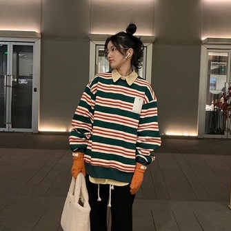 ZHELIHANGFEI Áo Thun Tay Dài Cổ Tròn Họa Tiết Kẻ Sọc Theo Phong Cách Retro Mỹ Dễ Phối Đồ