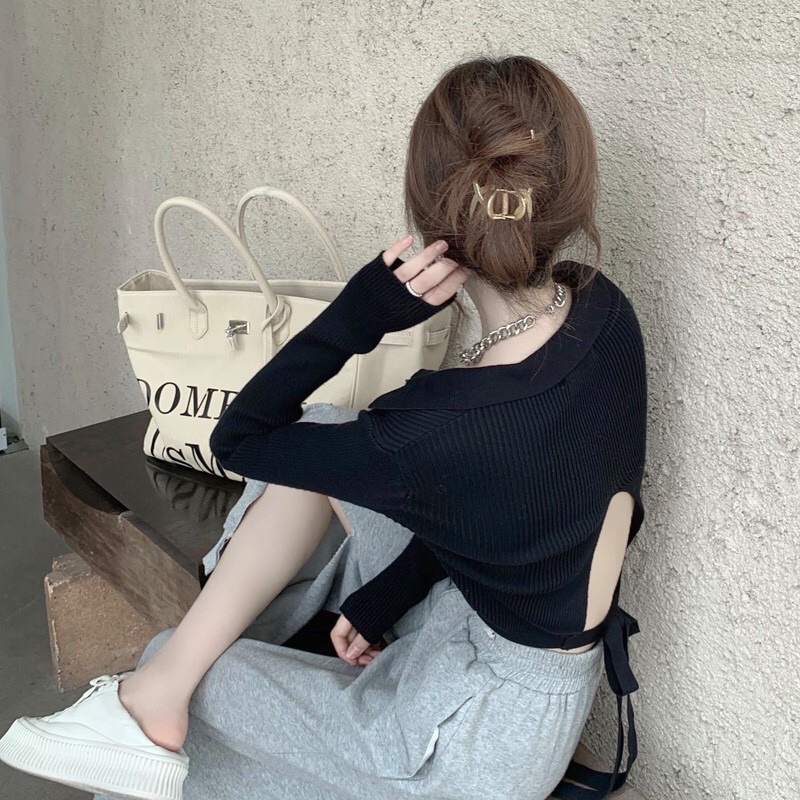 Áo Len Croptop Tay dài màu đen
