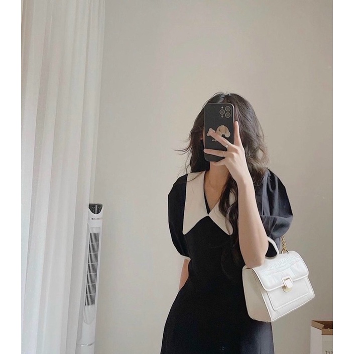 váy tiểu thư màu đen công sở dạo phố dây thắt nơ lưng