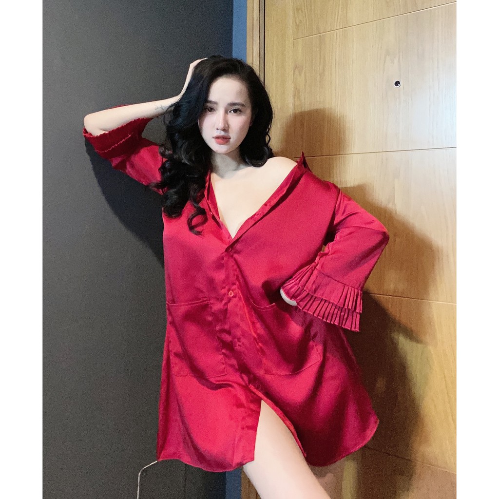 Váy Sơ Mi Gợi Cảm Tay Phối Dập Ly Chất Lụa Satin Cao Cấp Không Nhàu , Không Bai Xù Của IMODA [ PI026 ]