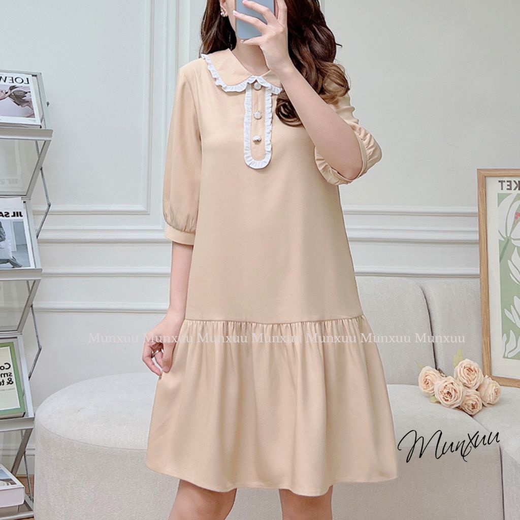 Váy babydoll tay lỡ MUNXUU phối cúc thiết kế màu trơn dáng dài xòe nhẹ nhàng thanh lịch - V13