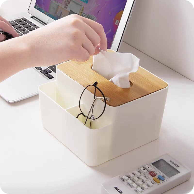 Hộp đựng khăn giấy nắp gỗ đa năng tiện lợi, đựng điều khiến, giấy bút, khe rút giấy lớn dễ dàng sử dụng { H }