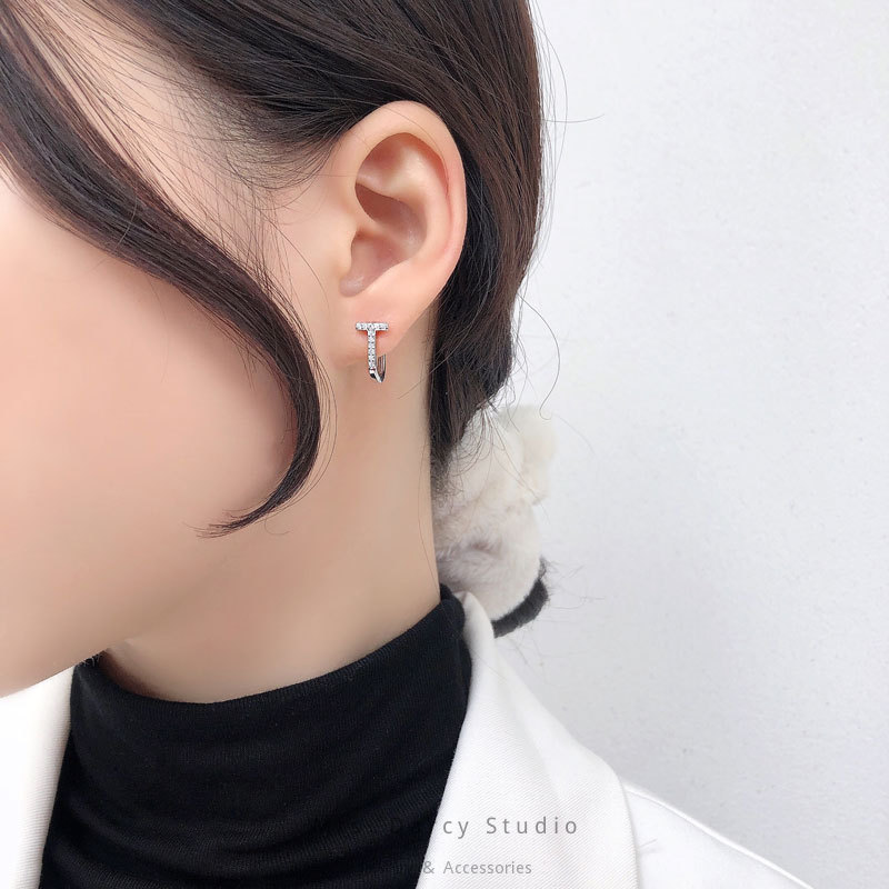 MRS.D【In Stock】100% Sterling Silver T-word Earrings S925 Earrings Stud Earrings Colors of Zircon Jewelry Gift Ear Clips Minimalist Earring Design Jewelry Girls Allergy Free