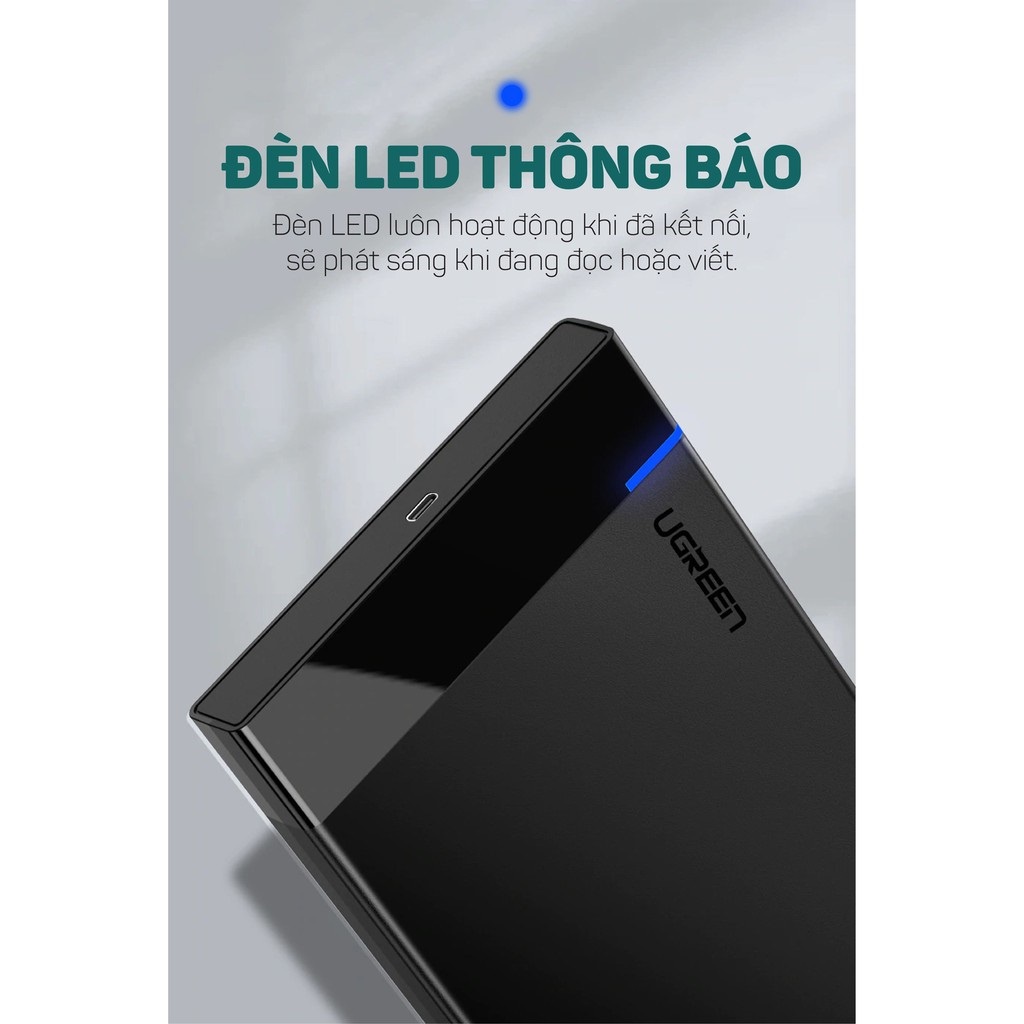 Hộp đựng ổ cứng 2.5 inch SSD, HDD hỗ trợ 6TB, chuẩn SATA UGREEN 30848 US221 vỏ nhựa ABS ( dây cáp rời )