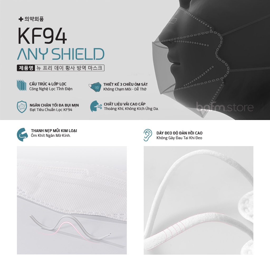 Khẩu trang KF94 Quai Đeo Nhiều Màu Thời Trang Cao Cấp AnyShield - Kiểu dáng 4D