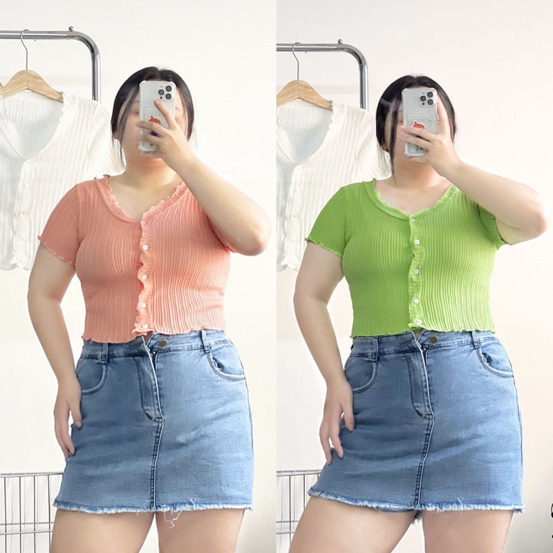 Áo croptop bigsize len dệt viền bèo cổ bèo