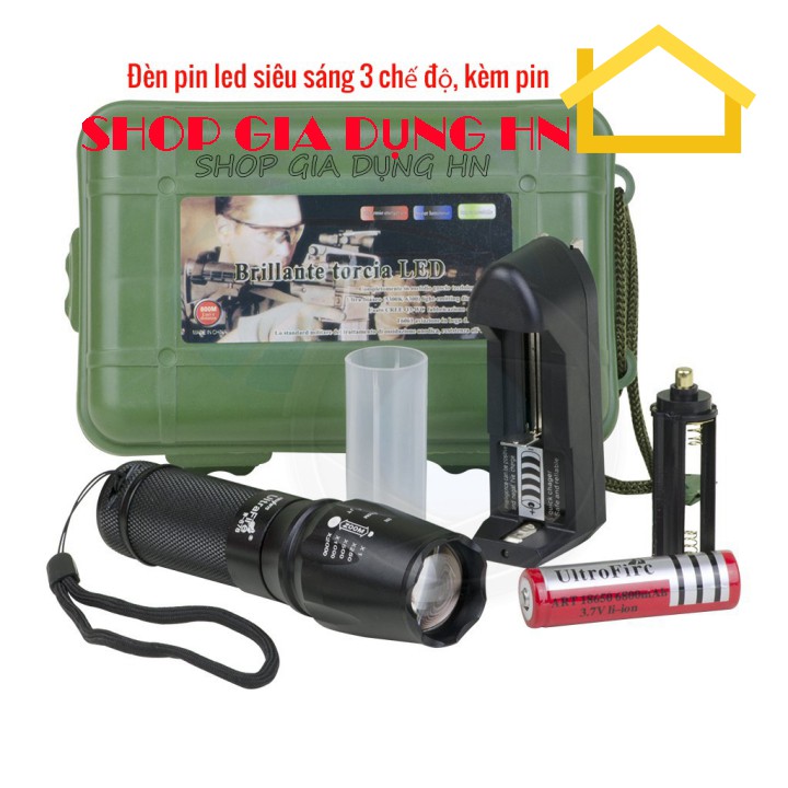 Đèn pin siêu sáng bóng led, kèm pin, XML-T6 police pin mini cầm tay chống nước tự vệ chuyên dụng