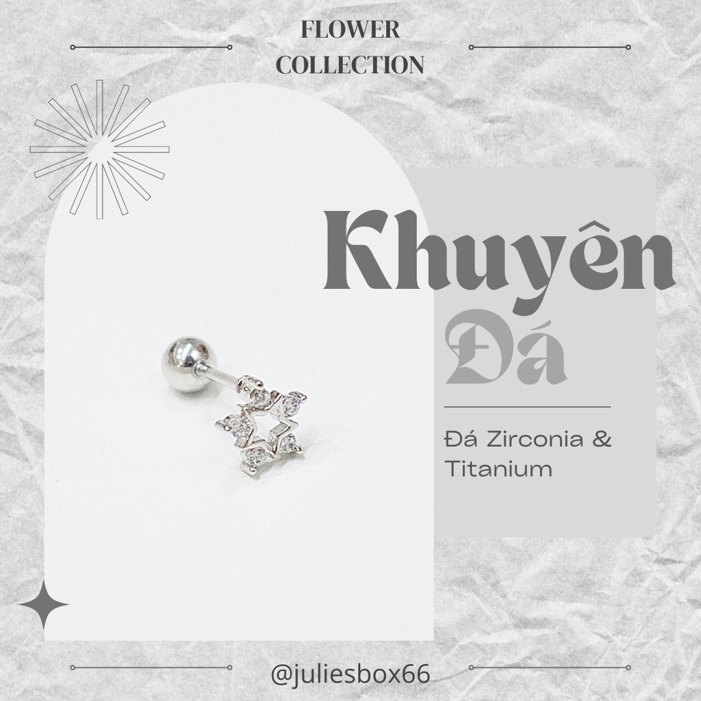 [1 CHIẾC] Khuyên Tai Đá Ngôi Sao 5 Cánh Màu Bạc Unisex Titanium Không Gỉ Không Ngứa Không Đen julies box 66