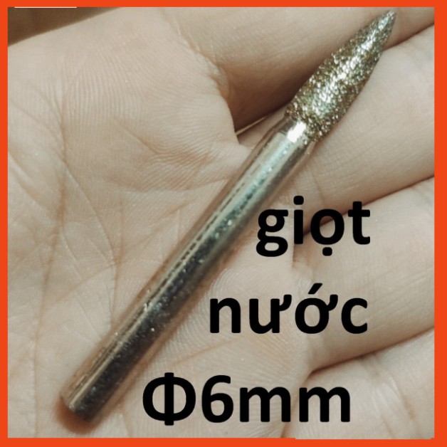 Mũi mài kim cương, mũi mài khắc đá, ngọc, hình giọt nước 6mm, cán 6mm