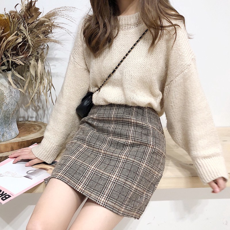 DUNEA Chân Váy Họa Tiết Ca Rô Phong Cách Hàn Quốc Thanh Lịch Dành Cho Nữ